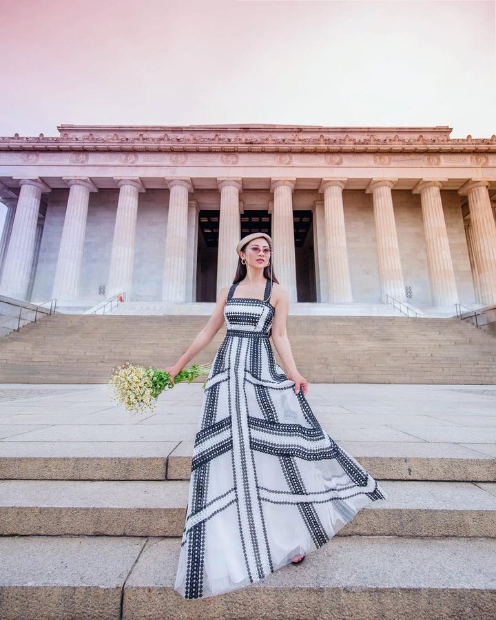 Instagram post by @hollyhpan for BCBGMAXAZRIA. Caption reads: [...] monuments for photoshoots, or @bcbgmaxazria....