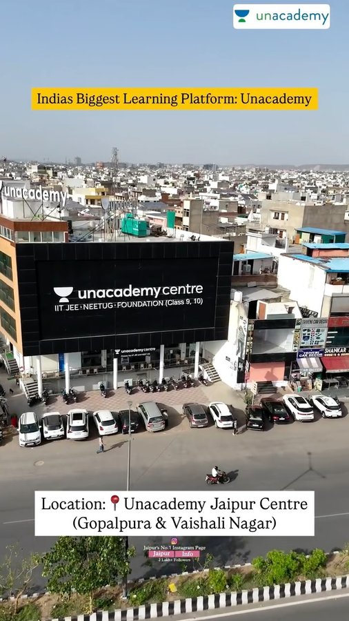 Instagram post by @jaipur.info for Unacademy. Caption reads: Unacademy – Jaipur’s go-to destination for JEE &....