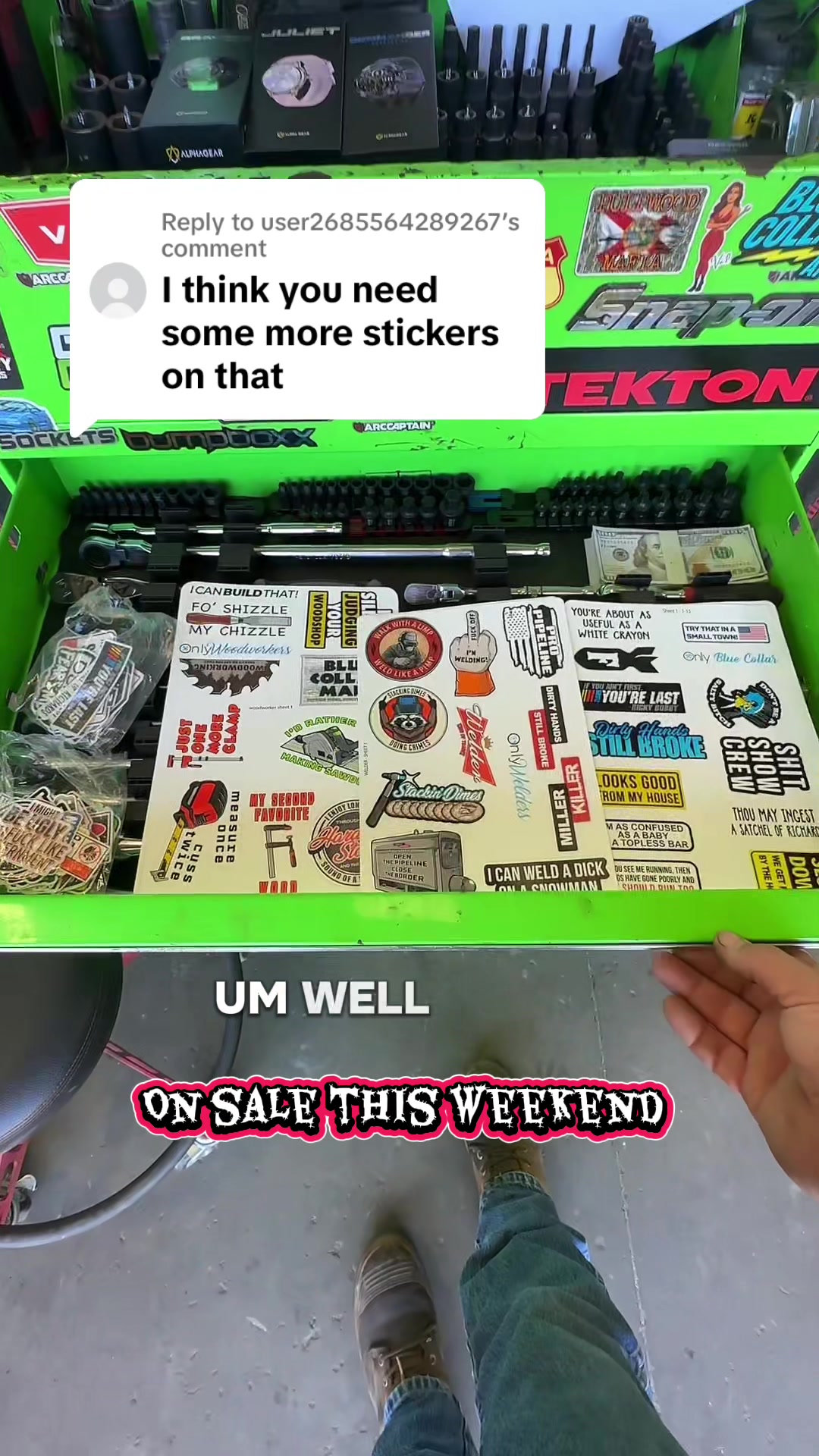 TikTok post by @petecrosby87 for Armed American Supply. Caption reads: [...] #stickers #mechanic #carpenter @Armed....