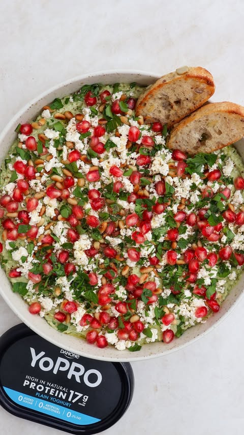 Instagram post by @goodnessavenue for YoPRO. Caption reads: add my GREEN PEA DIP to your holiday menu! ✨ it’s....