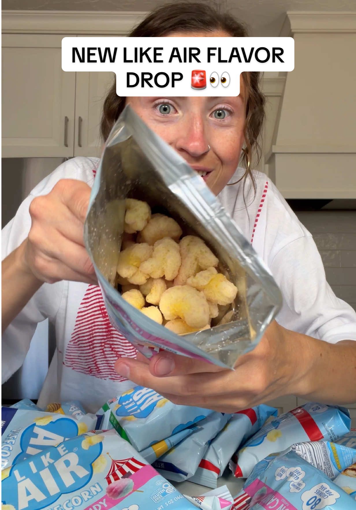 TikTok post by @morganchompz for Like Air Puffcorn. Caption reads: [...] this new Like Air flavor? 🍭🎡 @Like Air....