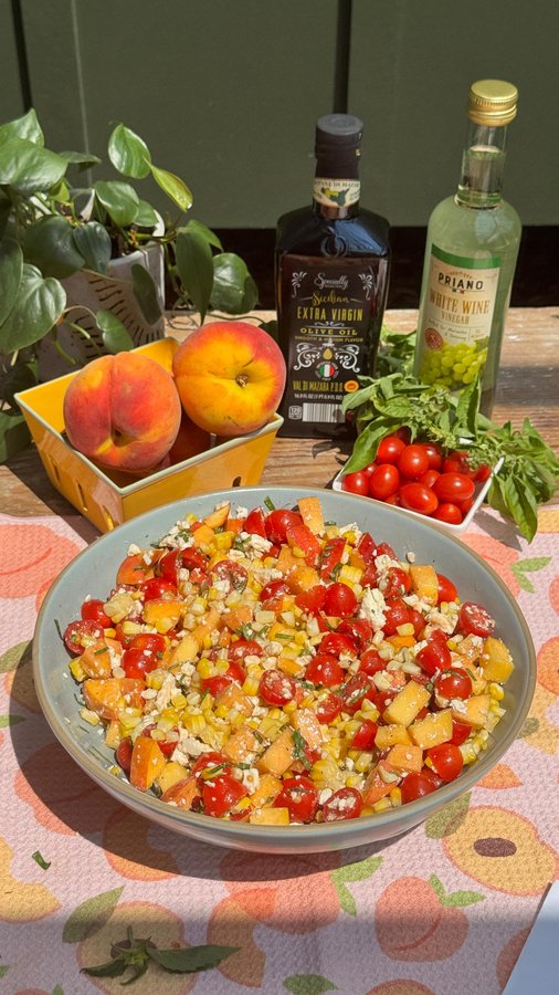 Instagram post by @crowded_kitchen for Aldi UK. Caption reads: #ALDIPartner Grilled Corn, Peach, Tomato & Feta....