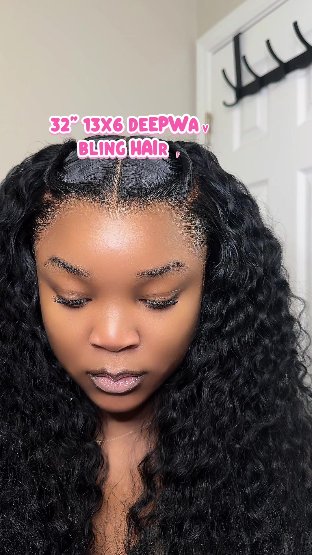 TikTok post by @akiviamiquelle for Bling Hair. Caption reads: 13x6 32” Deep wave wig from @Bling Hair Fashion 😍....