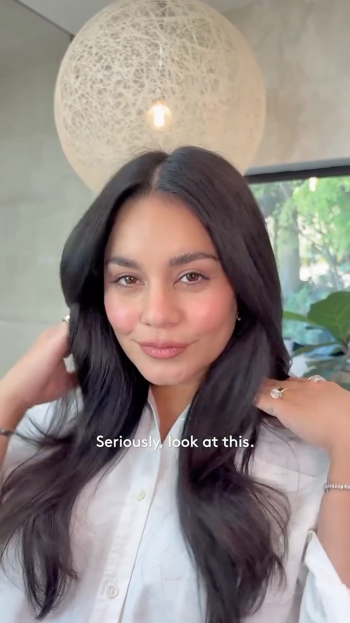 Instagram post by @vanessahudgens for Virtue Labs. Caption reads: Spilling the tea on all my hair secrets 👀....