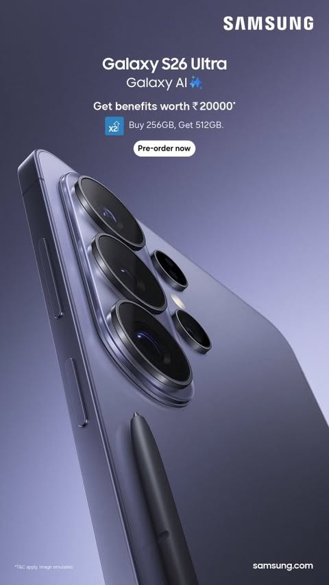 Instagram post by an influencer for Samsung India. Caption reads: Samsung Galaxy S26 Ultra – The Smartest Phone Ever....