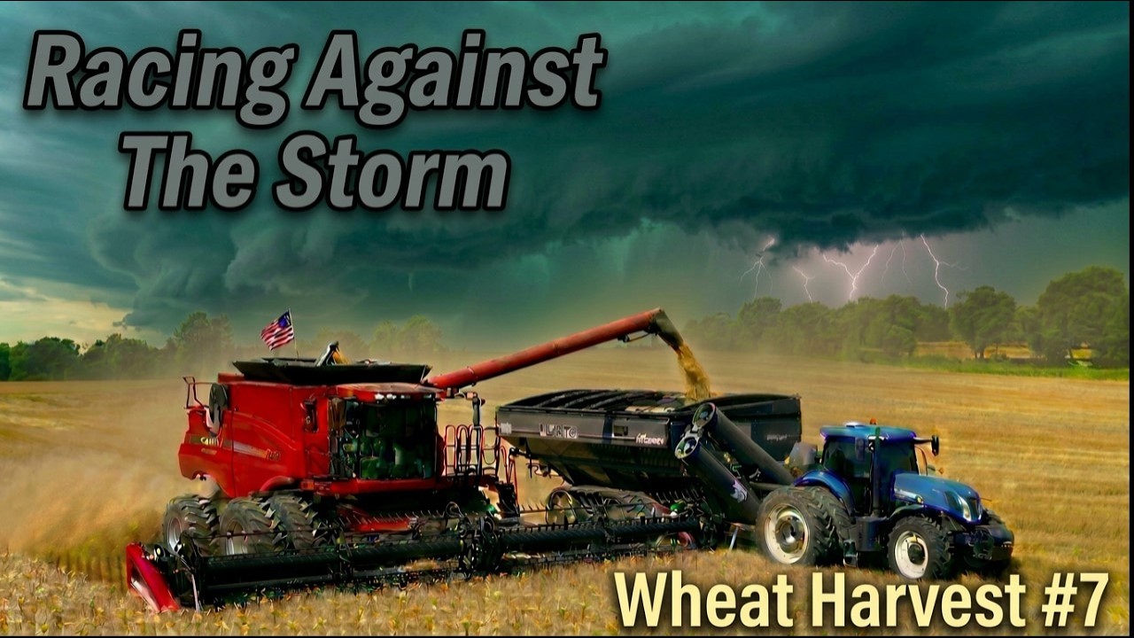 YouTube post by @griggsfarmsllc for Infraction Music. Caption reads: Race Against The Storm! Wheat Harvest #7.