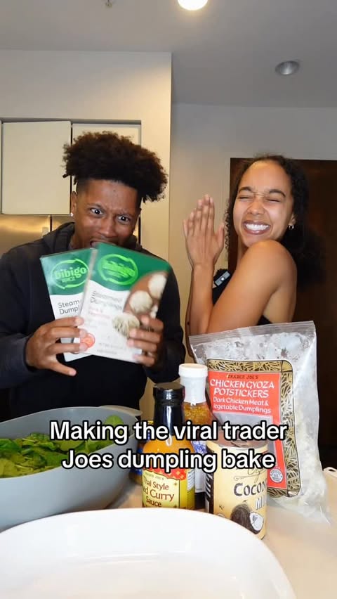 Instagram post by @ayosafespace for Trader Joe's. Caption reads: Making the viral Trader Joe’s DUMPLING bake🥟....