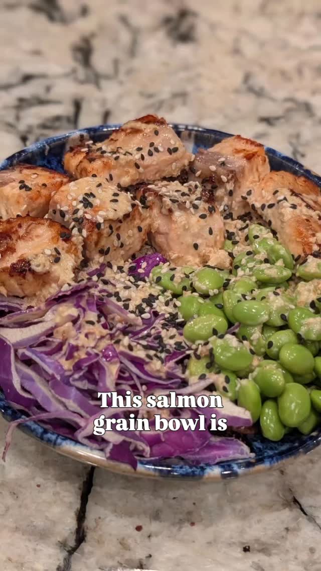 Instagram post by @pandemicfoodie for Bluehouse Salmon. Caption reads: This ginger salmon grain bowl takes about 15....