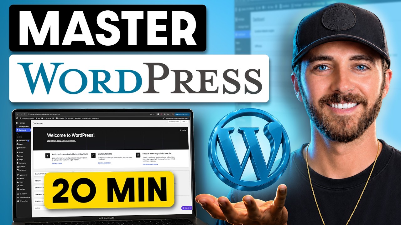 YouTube post by @CreateaProWebsite for Udemy. Caption reads: Master WordPress in 20 Minutes (Beginner Tutorial....