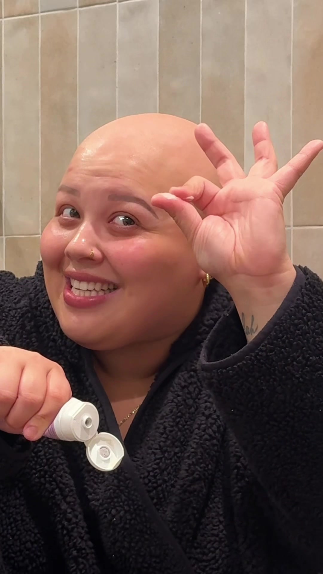 TikTok post by @baldiechi for First Aid Beauty. Caption reads: Replying to @lizzy Iinked them here and in my amzn....