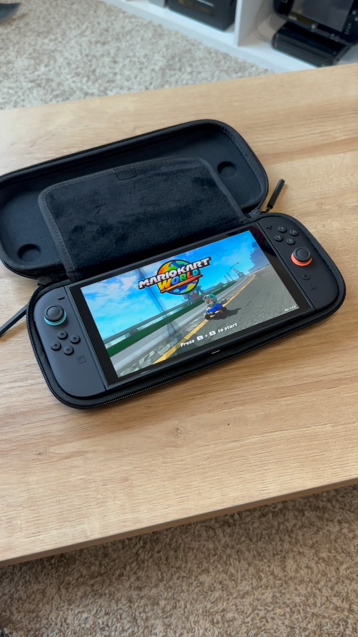 Instagram post by @supermarioretros for GeekShare. Caption reads: My new favorite case for the Nintendo Switch 2!....