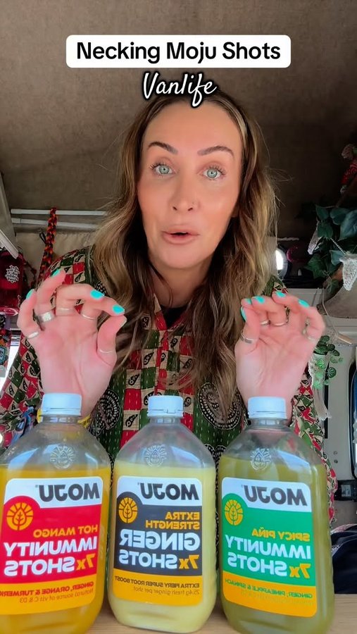 Instagram post by @stef_soberaf for MOJU Drinks. Caption reads: Morning shots thanks to @mojudrinks....