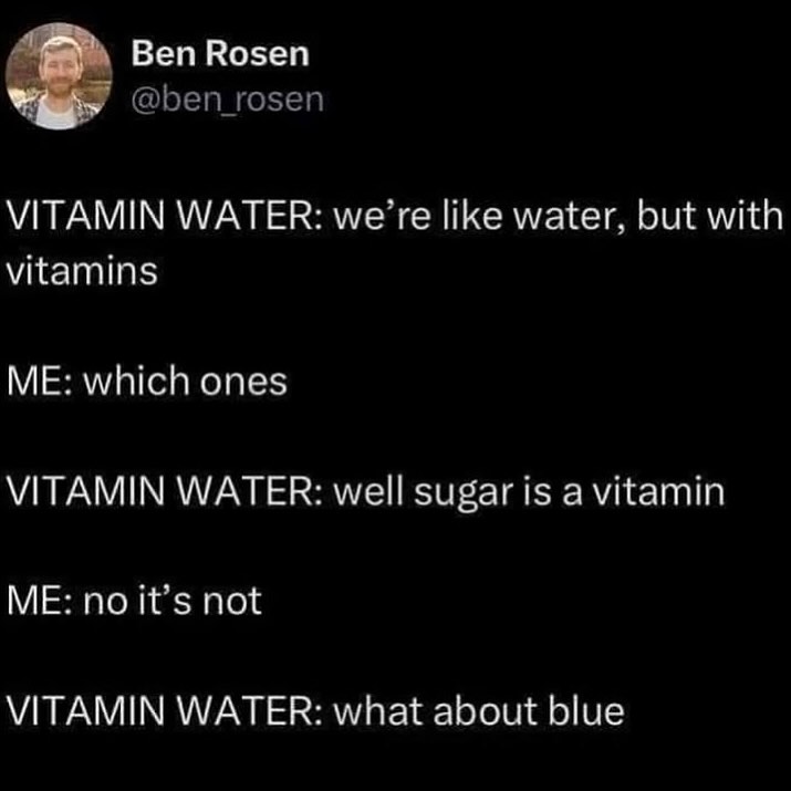 Instagram post by @squeaky.clean.humor for vitaminwater. Caption reads: What color is most vitamin like?.