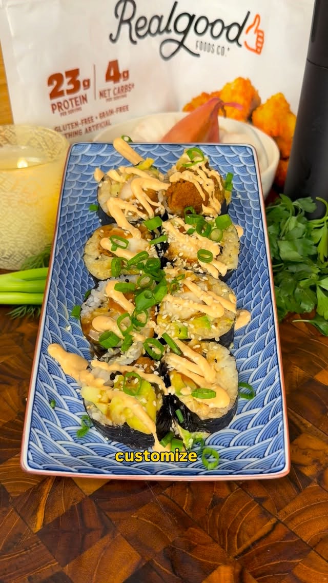 Instagram post by @munchiesbymitchell for Real Good Foods Co.. Caption reads: Crispy Chicken Teriyaki Roll using @realgoodfoods....