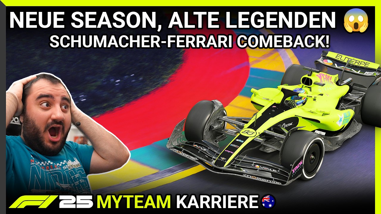 YouTube post by @DaveGaming for Fanatec. Caption reads: SCHUMACHER COMEBACK FOR THE NEW SEASON | F1 25....