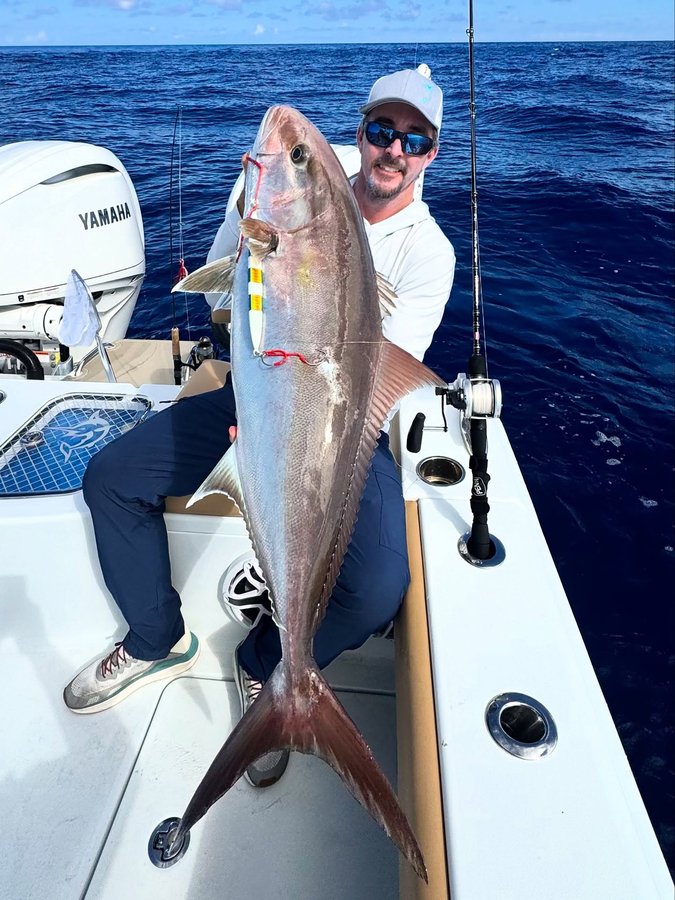 Instagram post by @captnickstanczyk for Mustad Fishing. Caption reads: Decent Amberjack on the 500g jig from Mustad....