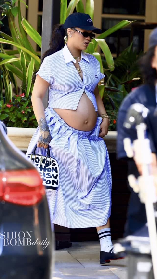 Instagram post by @fashionbombaccessories for Louis Vuitton. Caption reads: @badgalriri grabbed lunch in a striped two-piece....