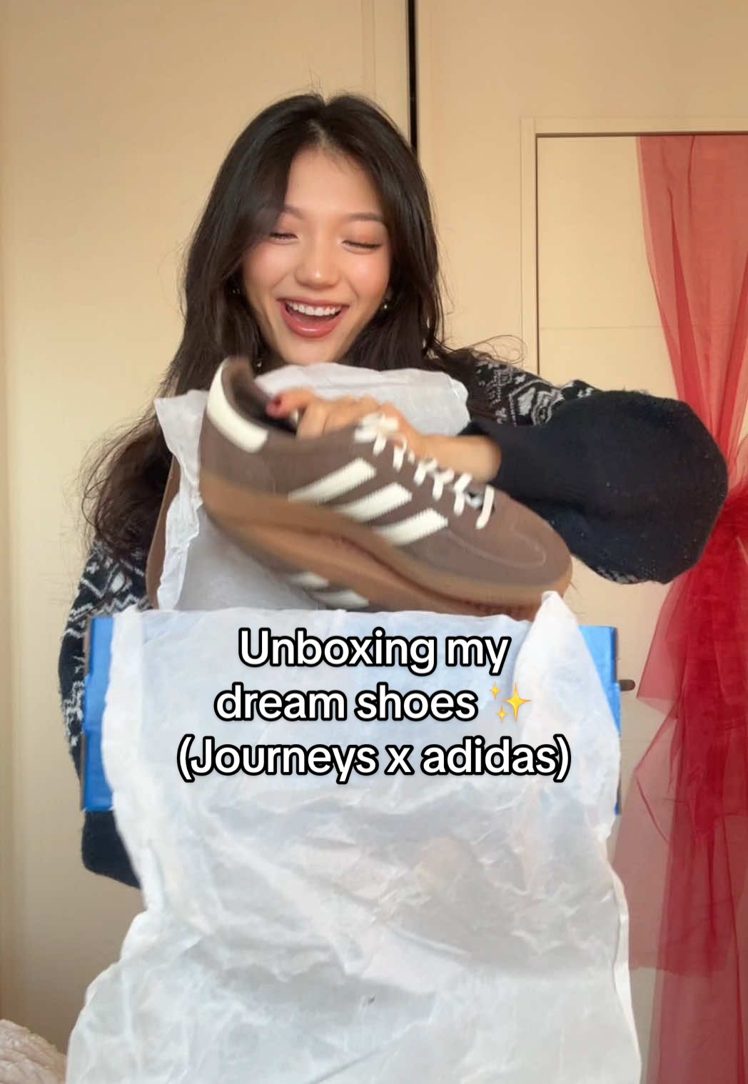 TikTok post by @karesdiary for Journeys. Caption reads: Unboxing my DREAM shoes!!🙈  @Journeys x @adidas a....