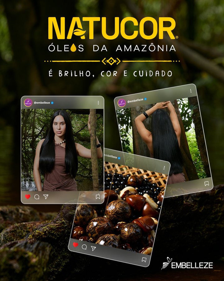Instagram post by @natucoroficial for Embelleze. Caption reads: [...] um brilho incrível. #Natucor #Embelleze....