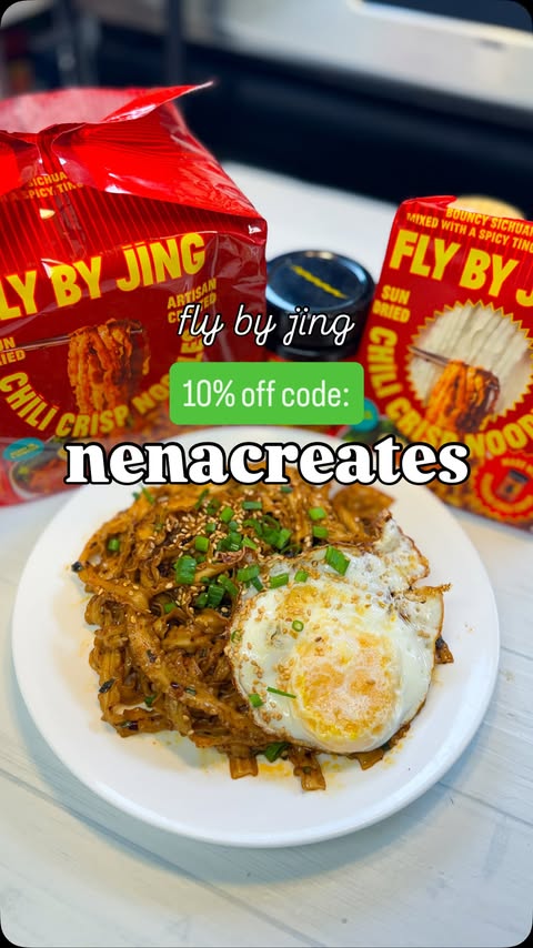 Instagram post by @nenacreates for FLY BY JING. Caption reads: [...] go to! 🍜🍳 I even timed myself making....
