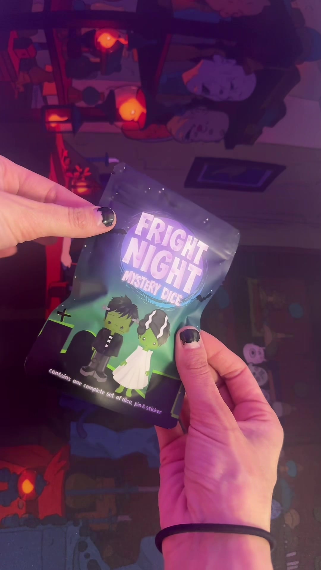 TikTok post by @rikkichuu for 1985 Games. Caption reads: Halloween mystery D&D dice! From @1985 Games 👻🎃....