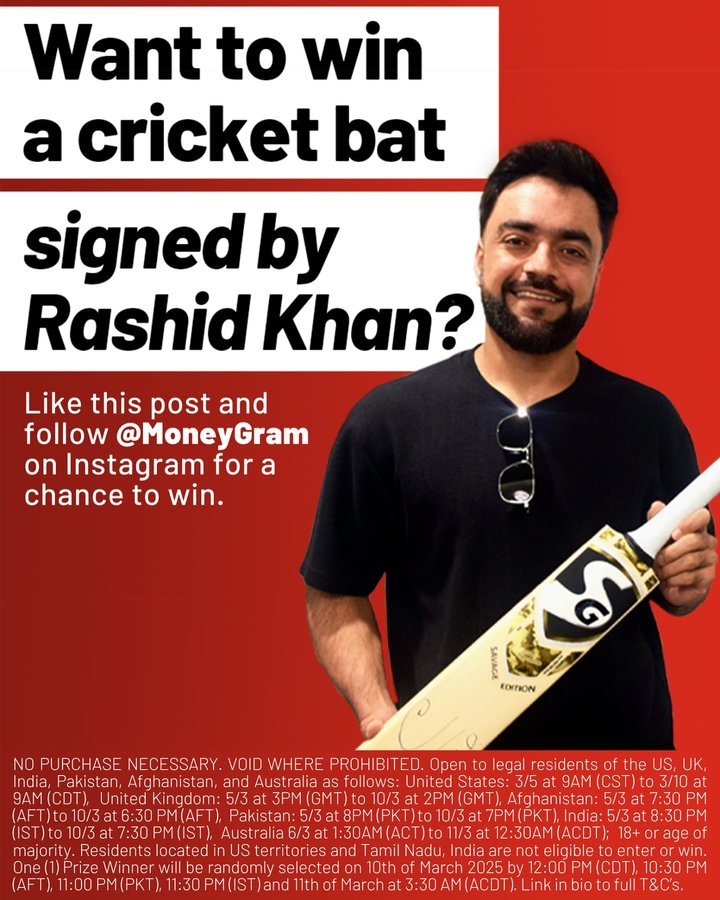 Instagram post by @rashid.khan19 for MoneyGram. Caption reads: [...] a cricket bat signed by your favorite....