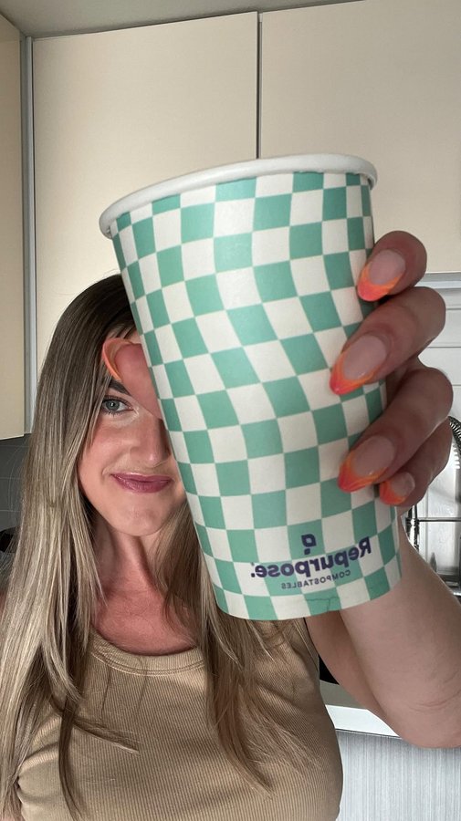 Instagram post by @sara.kahn for Repurpose. Caption reads: Afternoon tea in my @repurpose 16oz hot and cold....