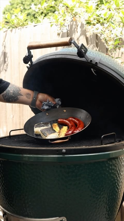 Instagram post by @matblak for HexClad. Caption reads: Wild halibut on the @hexclad_europe BBQ grill pan....
