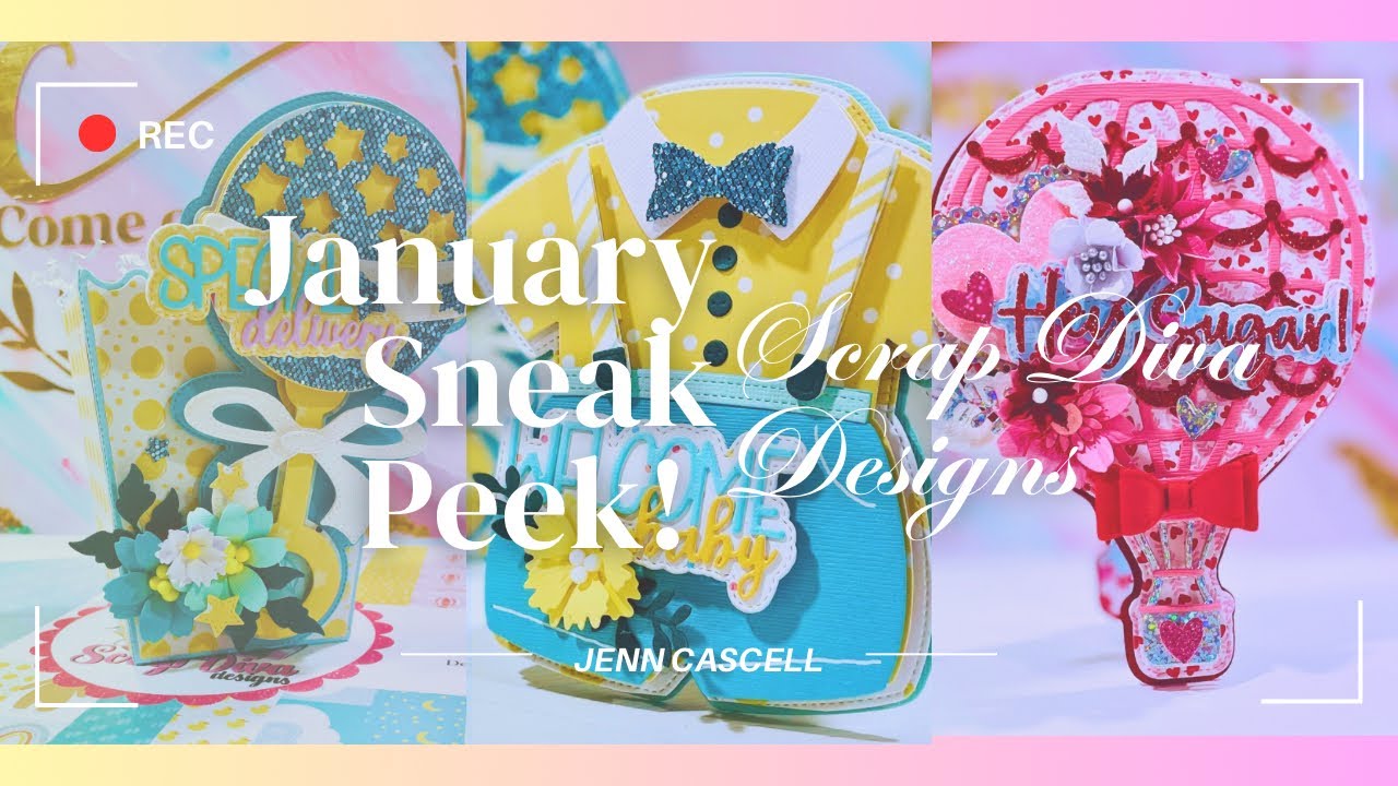 YouTube post by @jenncascell for Creative Fabrica. Caption reads: January Release Sneak Peek for Scrap Diva Designs....