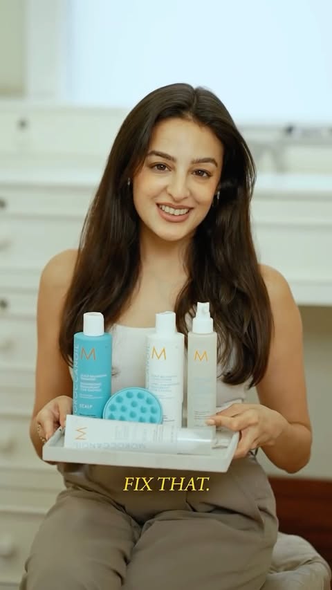 Instagram post by @tarinimanchanda for Moroccanoil. Caption reads: Dry, itchy, sandy scalp? Brittle or frizzy hair?....