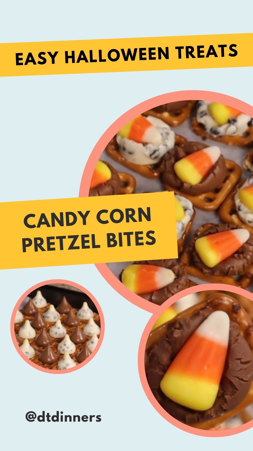 Instagram post by @dtdinners for Hersheyland. Caption reads: Easy Halloween Treats: Candy Corn Pretzel Bites....