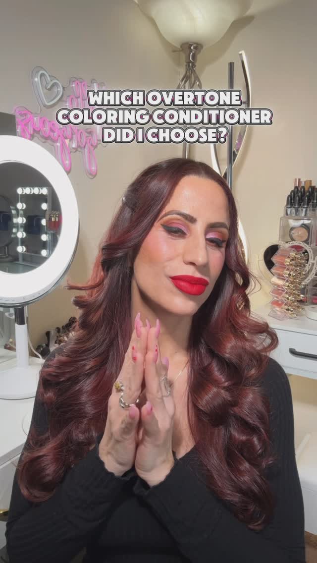 Instagram post by @makeupbysharonjoy for OVERTONECOLOR. Caption reads: Who thought I would pick @overtonecolor Ruby Red?!....