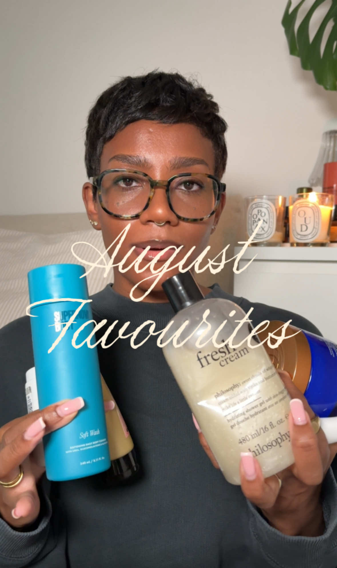 TikTok post by @farisaic for Davines. Caption reads: august favourites / the body care, skincare, and....