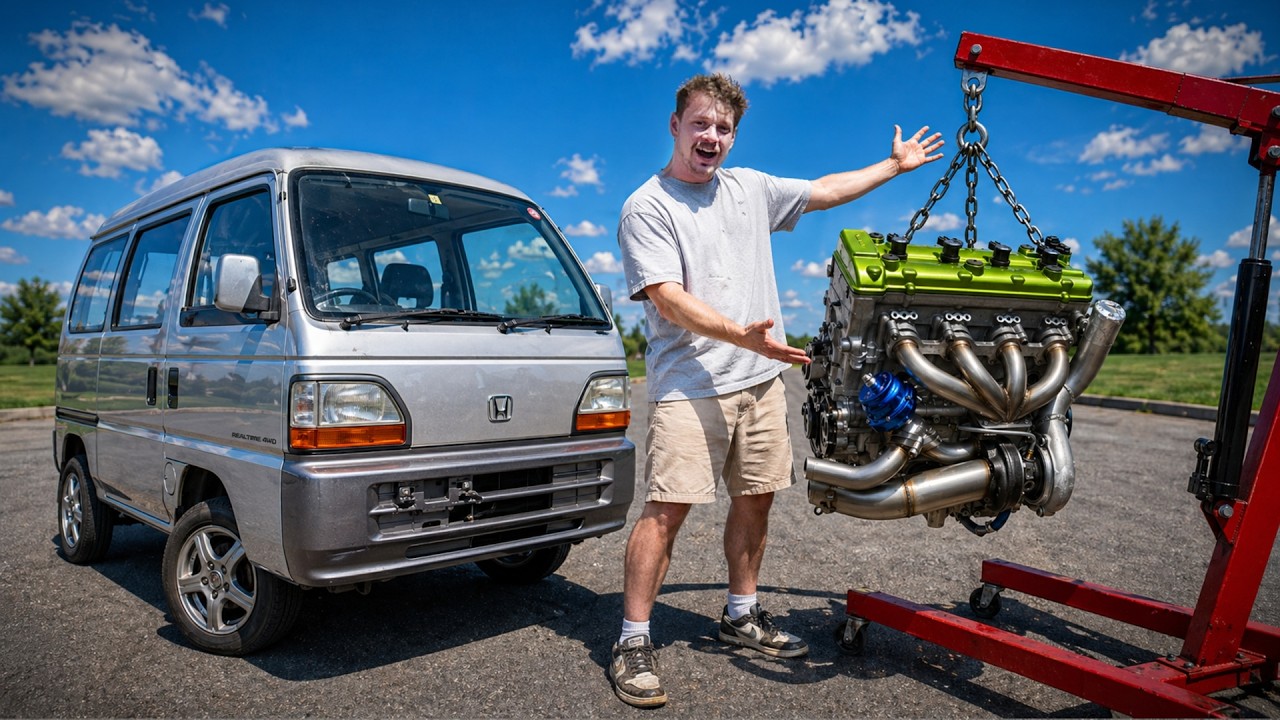 YouTube post by @VasilyBuilds for Epidemic Sound. Caption reads: HAYABUSA SWAPPING JDM Microvan START TO FINISH!.