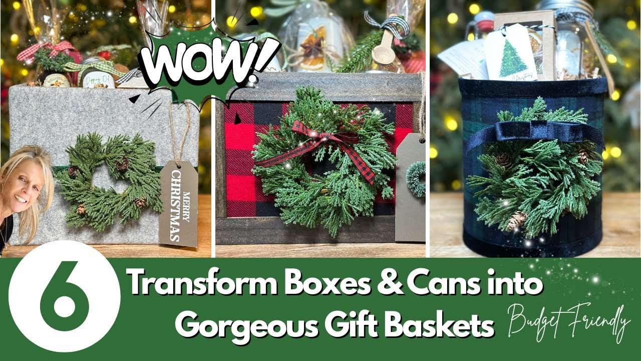 YouTube post by @pattijgood for MEEDEN ART. Caption reads: Transform Boxes & Cans Into Gorgeous Gift Baskets....