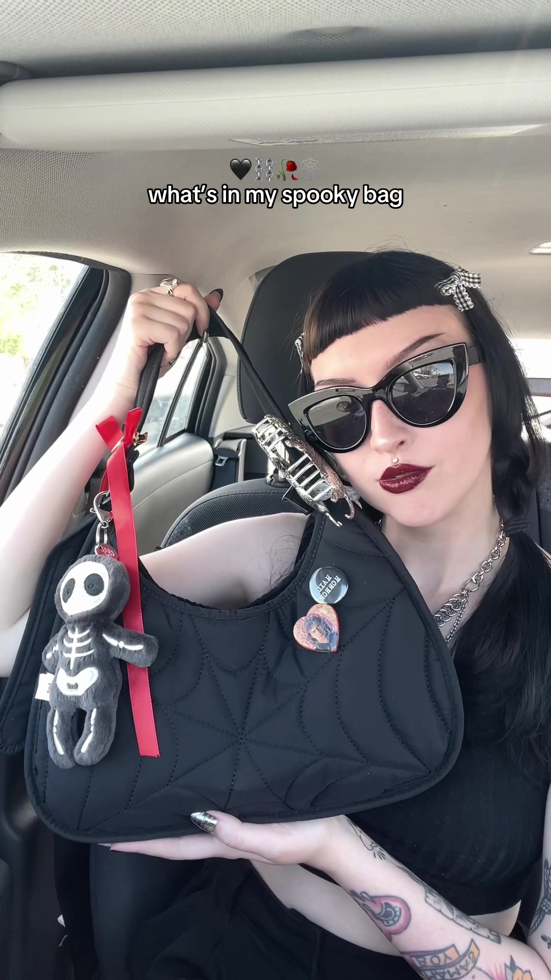 TikTok post by @ghoulhost for Wicked Misfit. Caption reads: [...] dupe for the goth ghouls 🕸️  bag by @Wicked....