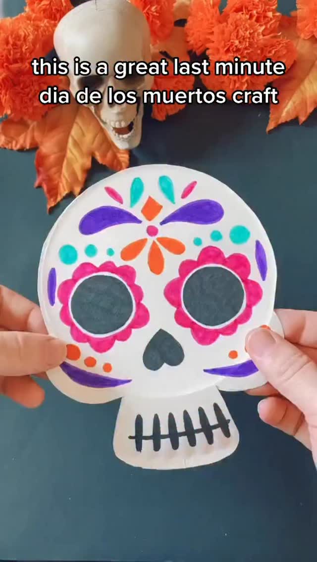 Instagram post by @timmsevitz for Pixar. Caption reads: Easy Day of the Dead Sugar Skull Paper Plate Craft....