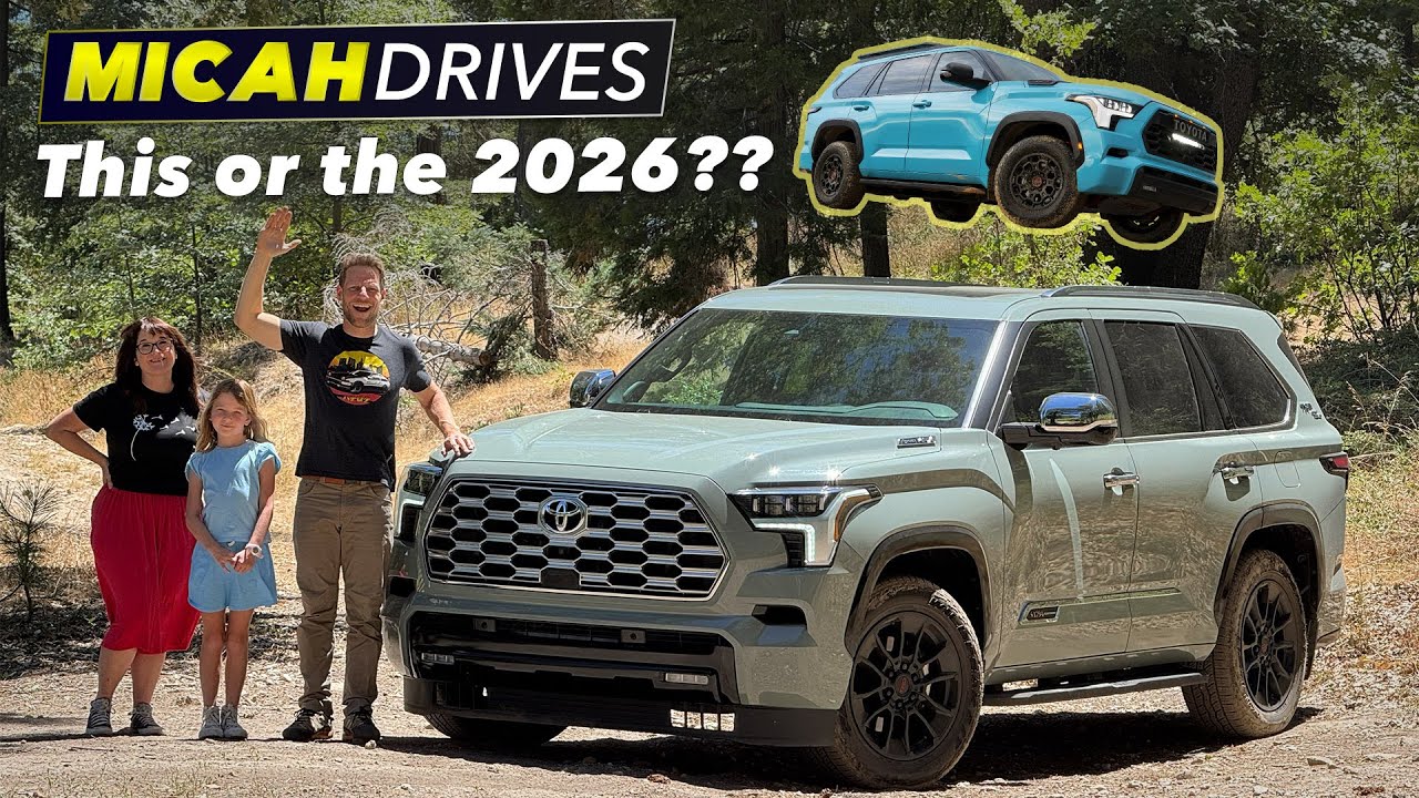 YouTube post by @MicahMuzio for Flying Eyes Optics. Caption reads: 2025 Toyota Sequoia | Full-size SUV Family Review.