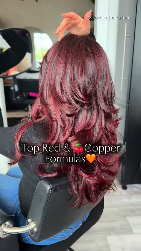 Instagram post by @thy_stylist for SalonCentric. Caption reads: [...] Red & Copper Formulas ♥️🍒🧡 Thank you to....