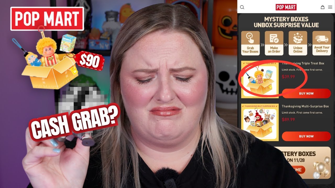 YouTube post by @TheresaisDead for Nomad Cosmetics. Caption reads: I Bought Pop Mart’s Thanksgiving Mystery Boxes…....