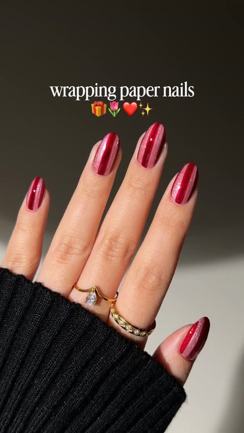Instagram post by @bycheznails for ella+mila. Caption reads: [...] wrapping paper nails 🎁ad using @ellamila....