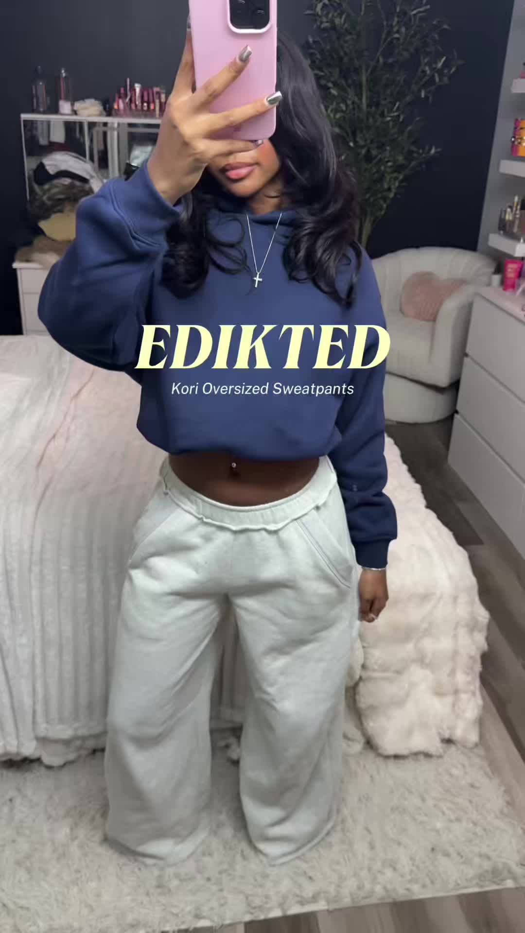 TikTok post by @miyacromer for Edikted. Caption reads: so many pairs of sweatpants but these Kori....