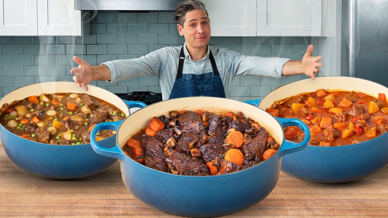 YouTube post by @BrianLagerstrom for LMNT. Caption reads: 3 Iconic Stews Every Home Cook Should Master.