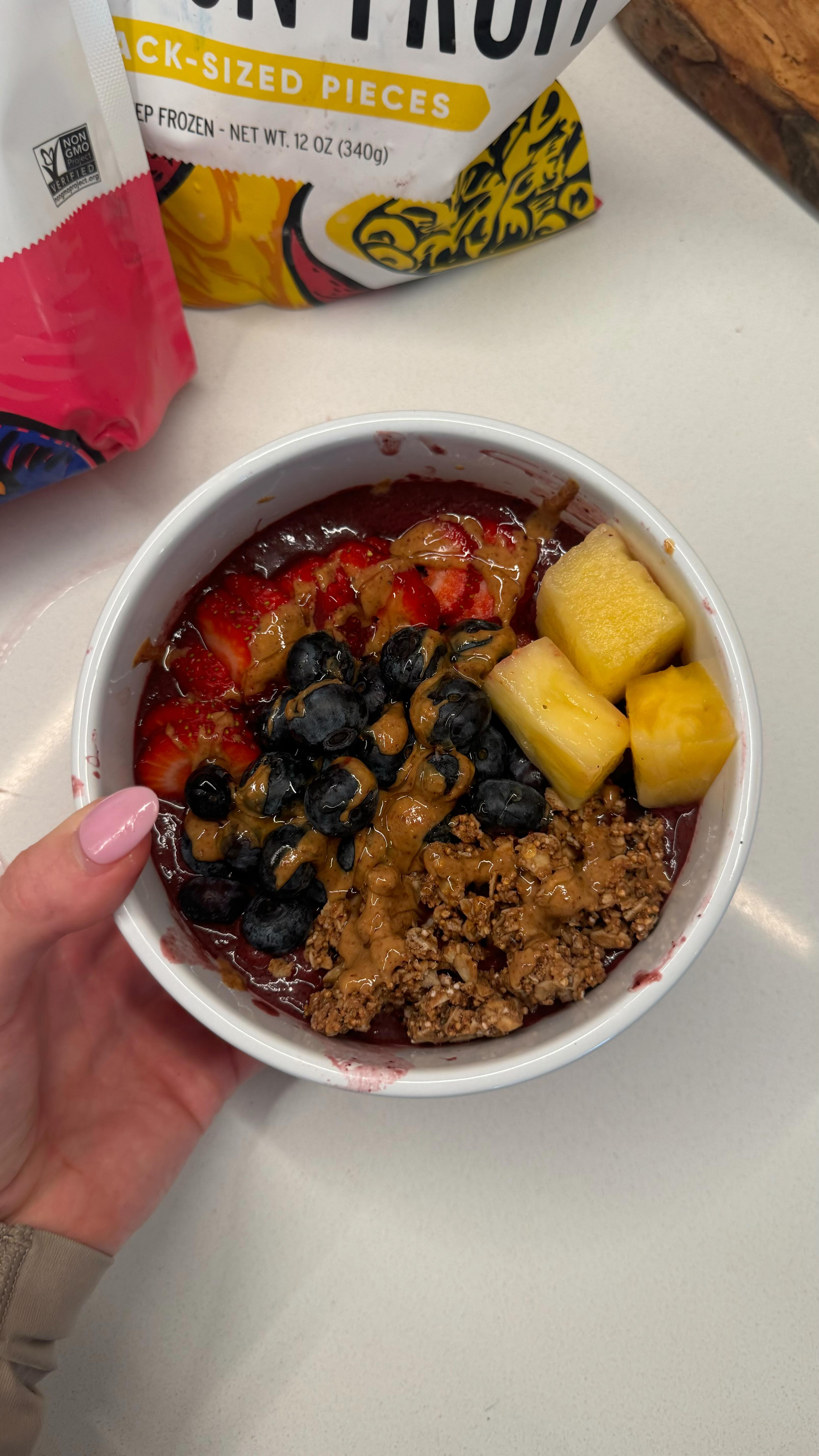 Instagram post by @livjordan_fit for Pitaya Foods. Caption reads: High-protein, high-volume, at-home Smoothie Bowl....