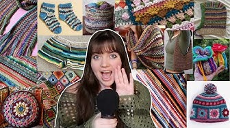 YouTube post by @omazingpaige for Yarnspirations. Caption reads: 50+ easy STASH BUSTER crochet ideas with free....
