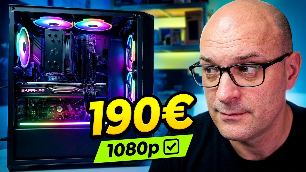 YouTube post by @SurriorTec for KeysFan. Caption reads: I Built a GAMING PC for €190… Can It Run....