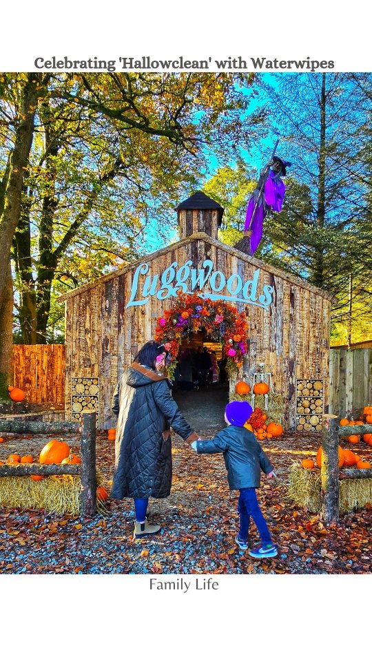 Instagram post by @lifewithtinyhumans for WaterWipes. Caption reads: 'Hallowclean' at Luggwoods with Waterwipes 💧
.....