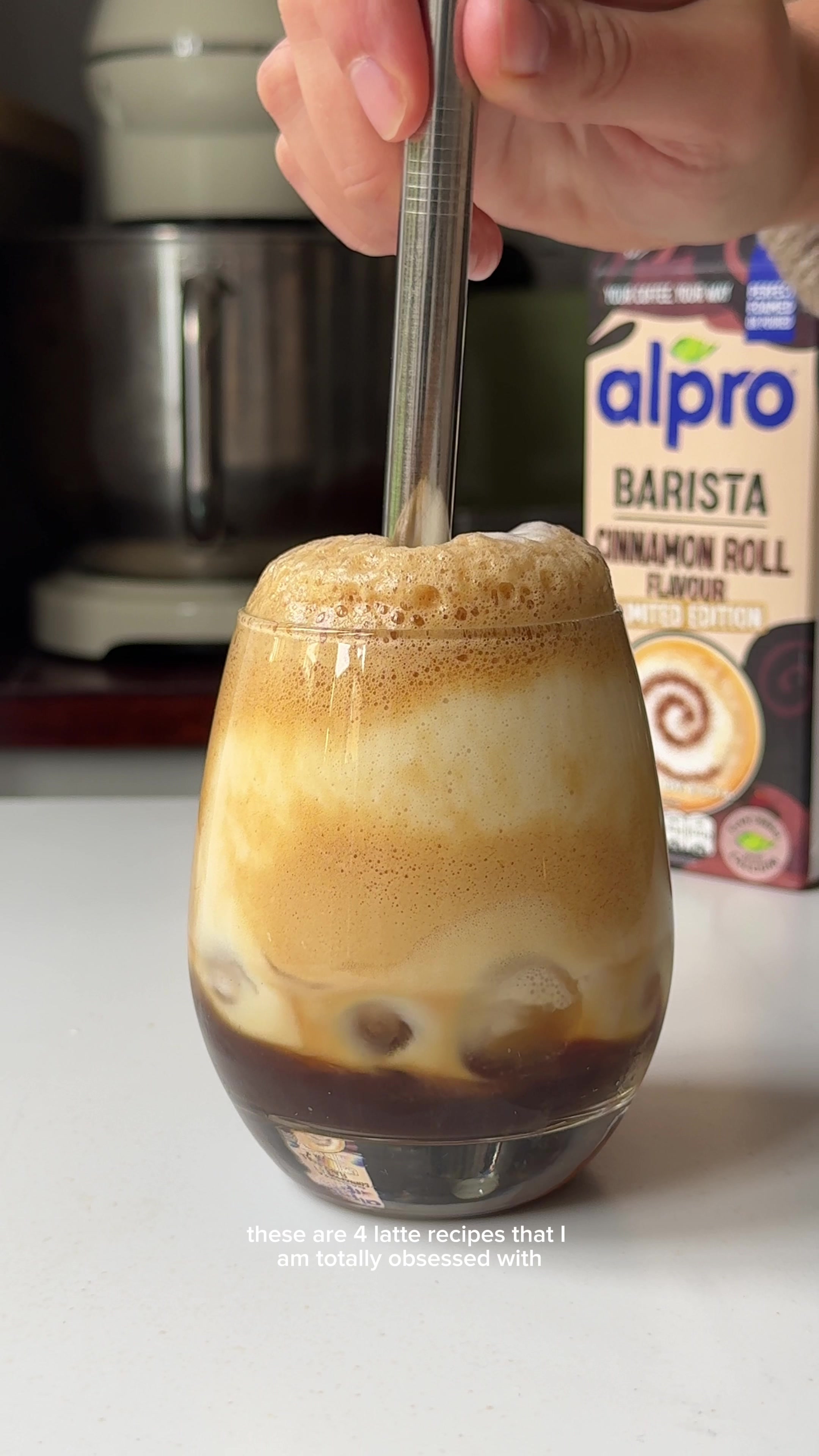 TikTok post by @myriadrecipes for Alpro. Caption reads: AD | 4 Latte Recipes I'm totally obsessed with....