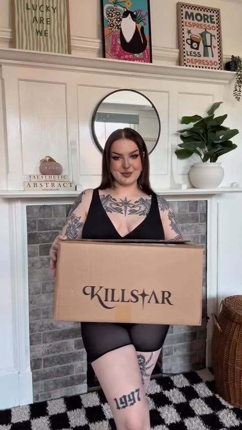 Instagram post by @hennney for KILLSTAR. Caption reads: @killstar unboxing ✨💫 Outfit 1 or 2?? 👀 {PR}.