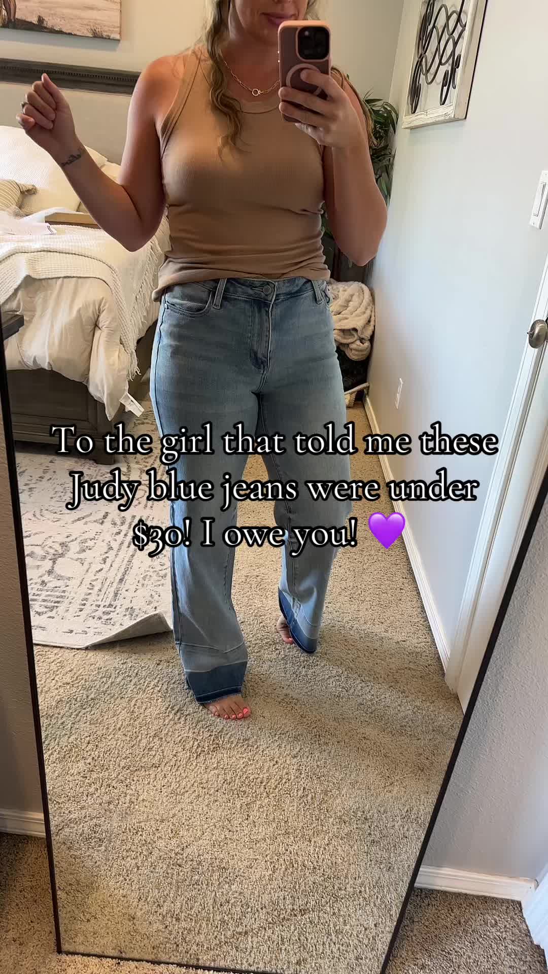 TikTok post by @jordanbogenoff14 for Freckled Poppy. Caption reads: Judy blue jeans that are under $30 with coupon!....